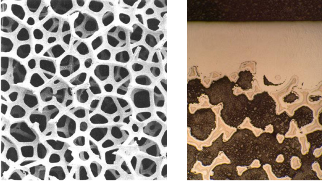 Left, low-density, high-stiffness silicon carbide foam structural support (50×); right, cross-section of silicon carbide mirror surface (top) applied over silicon carbide foam (bottom).
