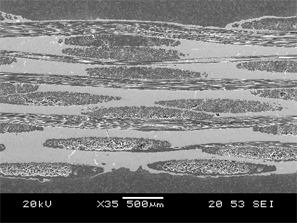 SEM image of two-dimensional orthogonal weave carbon fabric layup reinforcement, illustrating a representative CMC microstructure