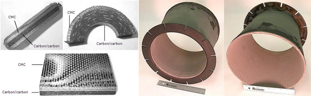 CMC-lined carbon/carbon development specimens (left) and carbon/carbon nozzle (right; ID liner; 13” max. dia.) for reduced component weight
