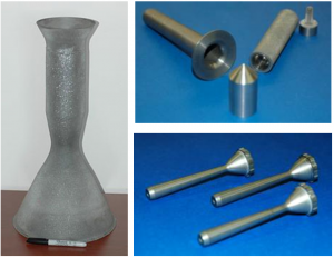 Left, large freestanding solid rhenium thruster (19" high × 10" diameter at base) fabricated by CVD, demonstrating Ultramet’s scale-up expertise; top right, freestanding parts of solid rhenium, tantalum, and tungsten formed by CVD; bottom right, monolithic CVD rhenium thrust chambers for tactical propulsion applications.