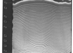 SEM image of polished cross-section of Ultramet HfC/SiC coating (1500×) showing layered structure