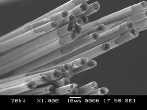 SEM image showing hafnium nitride interface coating on carbon fibers