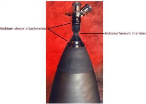 Iridium/rhenium combustion chamber, patented by Ultramet, and niobium sleeve attachments as part of a liquid apogee engine